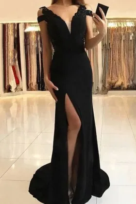 Lovely cold shoulder black satin split long prom dress