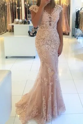beaded lace cap sleeve blush mermaid formal dress