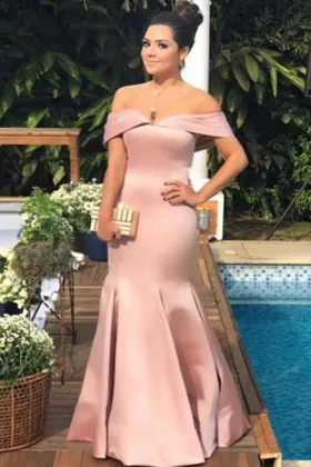 graceful pearl pink off the shoulder trumpet prom dress
