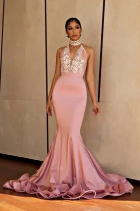 White pearled lace appliqued pearl pink sexy prom dress