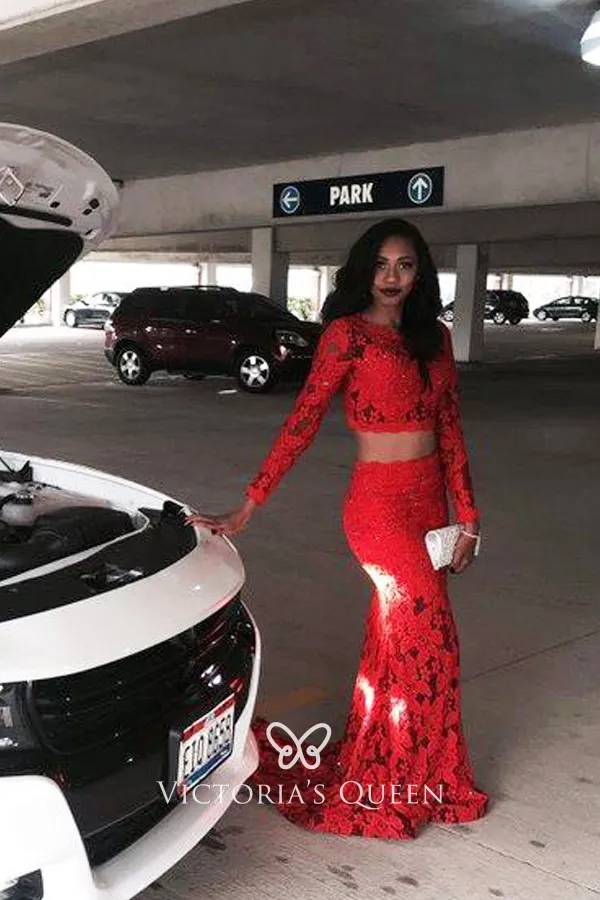 Long sleeves two piece mermaid red prom dress with short train Long sleeves two piece mermaid red prom dress with short train