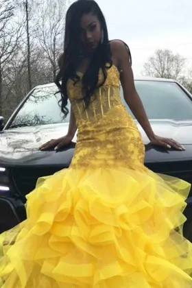 Stunning yellow lace and flounced tulle long prom dress