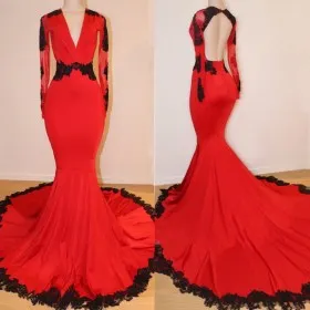 Black lace appliqued red mermaid long train prom dress