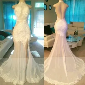 White lace and sheer see through tulle backless prom dress