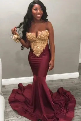 gold lace and merlot satin African American prom dress