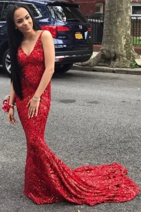 red sequin mermaid long train low back V neck prom gown