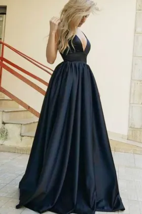 Plunging V neckline low V back puffy satin prom gown