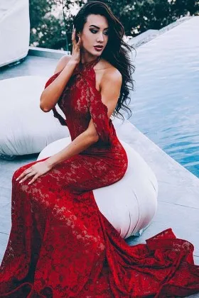 charming red lace halter off the shoulder formal dress
