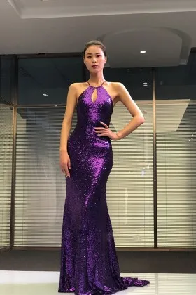 Shiny regency sequin halter low back mermaid prom dress