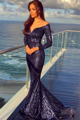 dark navy sequin off shoulder long sleeve formal dress
