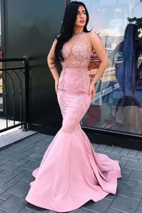 Sexy illusion see through pink lace and satin mermaid formal dress
