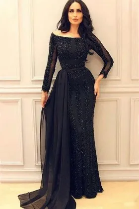 black sequin glitter sheath long evening prom dress