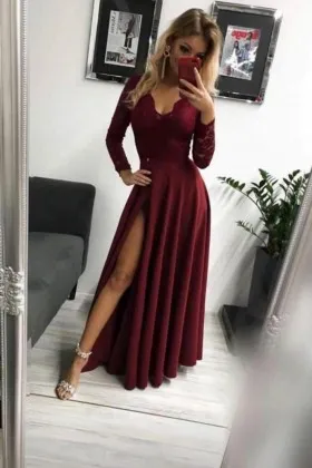 Burgundy lace and spandex casual long slit party dress