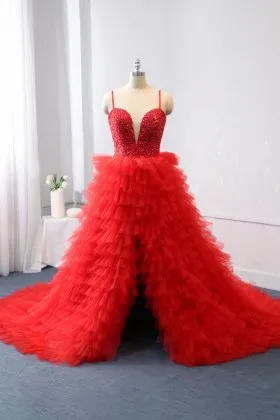Beaded Bodice Red Ruffled Tiered Split Prom Ball Gown