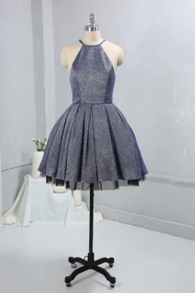 Halter Strap Charcoal Gray Short Cocktail Dress