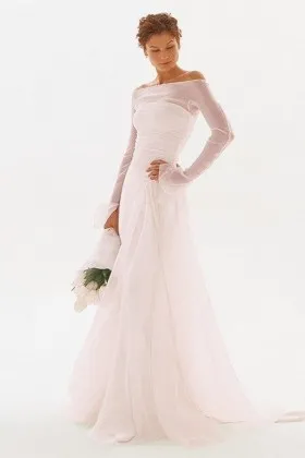 Blushing pink sheer long sleeve bridal shower dress