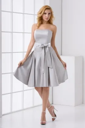 Silver satin short A line strapless cheap bridesaid dress