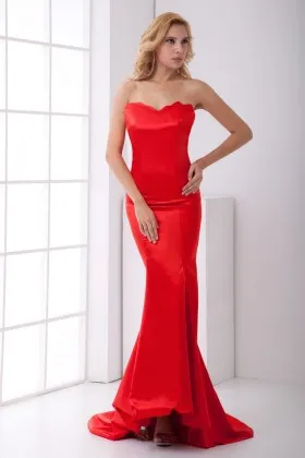 Scalloped sweetheart strapless red satin mermaid long prom dress