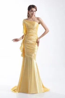 Uniquely shiny mango one shoulder ruffled mermaid long prom dress