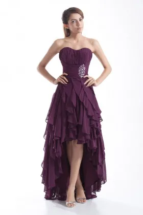 Strapless purple high low ruffled chiffon prom dress