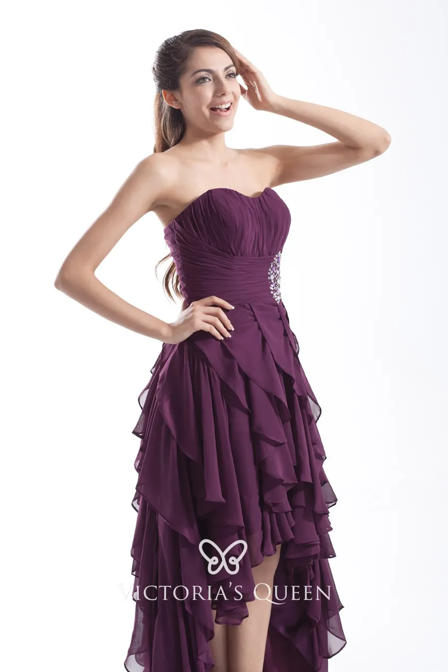 Strapless purple high low ruffled prom dress Strapless purple high low ruffled prom dress
