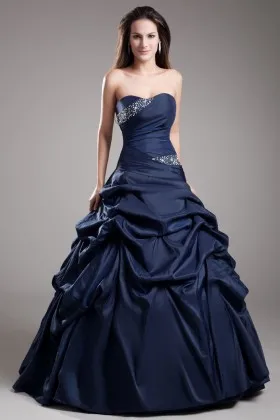 Beaded dark navy satin Quinceaera dress with pick up skirt