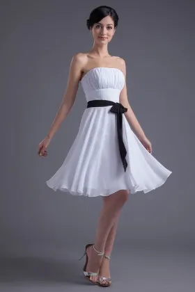strapless ruched pure white chiffon cocktail A line Knee length evening dress