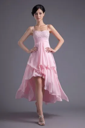 pretty spaghetti strap pink chiffon high low prom dress