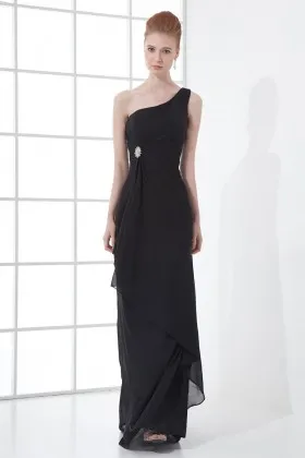 Single shoulder strap black chiffon column long evening dress