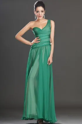 one shoulder green chiffon overlay one shoulder slit long evening dress