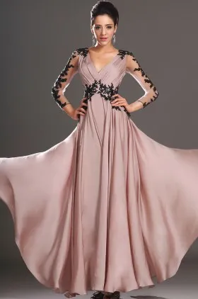 champagne chiffon floor length V neck black lace appliqued evening prom dress