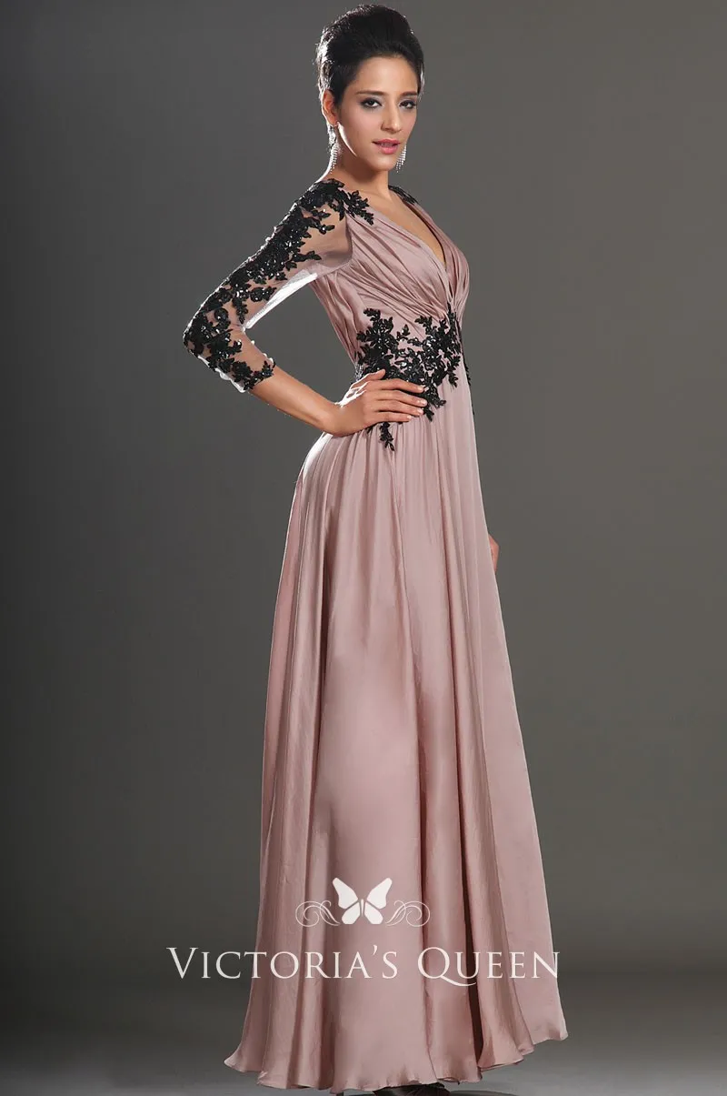 Champagne Chiffon Black Lace Appliqued Prom Dress VQ