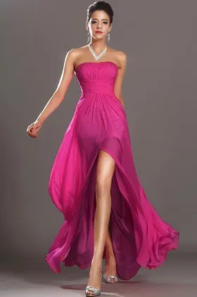 Sexy fuchsia strapless straight neck A line slit chiffon prom dress