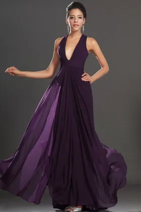 elegant eggplant chiffon plunging v neck A line long evening prom dress
