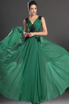 Dramatic beaded black lace appliqued emerald chiffon long prom dress