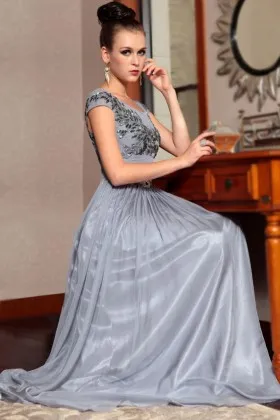 Grey Chiffon Illusion Bateau neck Cap Sleeve Long A line Evening Dress