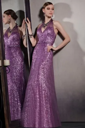 purple sequin sweetheart halter evening prom dress with sheer tulle overlay