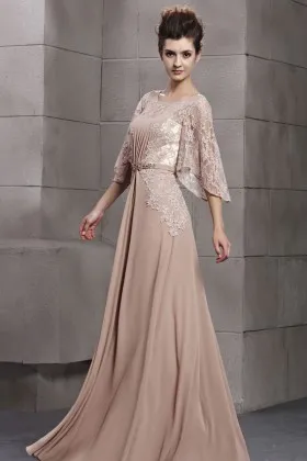 Elegant Nude Flutter Sleeve A line Long Chiffon and Lace Evening Dress