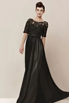 half sleeve long black chiffon and beaded lace empire waist evening dress