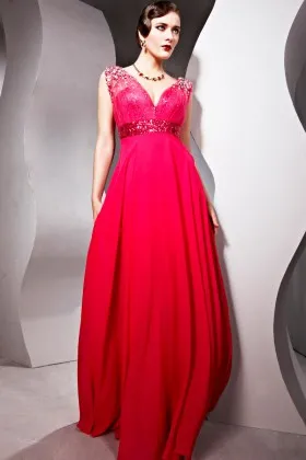 Beaded Illusion V neck A line Long fuchsia Red Chiffon Evening Prom Dress