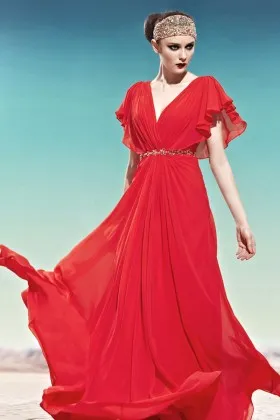 V Neck long red chiffon vintage prom dress with cascaded flutter sleeves