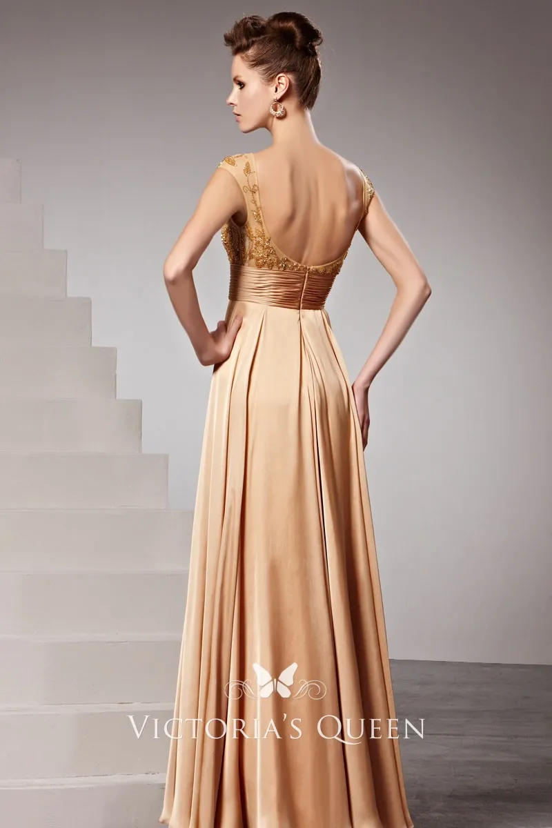 Cap Sleeve Embroidered Gold Lace Bodice Low Back Evening Dress Cap Sleeve Embroidered Gold Lace Bodice Low Back Evening Dress