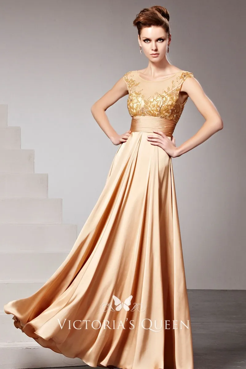Cap Sleeve Empire Embroidered Gold Long A Line Formal Dress Cap Sleeve Empire Embroidered Gold Long A Line Formal Dress