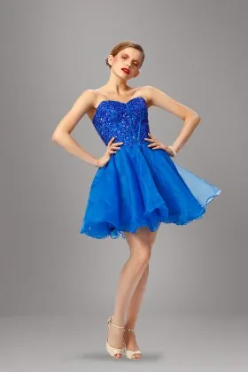 Diamond embellished royal blue organza strapless sweetheart short cocktail dress