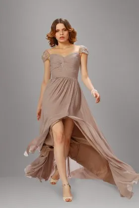 Twist pleated camel chiffon front split beaded cap sleeve long cheap prom dress