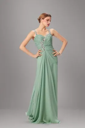 Asymmetrical pleated beaded light green chiffon long cheap prom dress