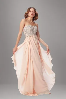 Crystals beaded strapless sweetheart peach nude chiffon cheap long prom dress