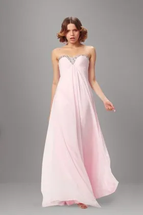 Beaded strapless sweetheart empire waist simple candy pink chiffon prom dress