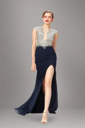 Silver beading dark navy chiffon high split cheap long prom dress