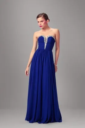 Glamorous beaded strapless dip bodice cobalt blue chiffon long prom dress